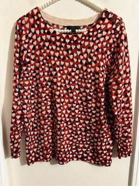 J. Crew Red 100% Wool Merino Heart Print Crewneck Sweater